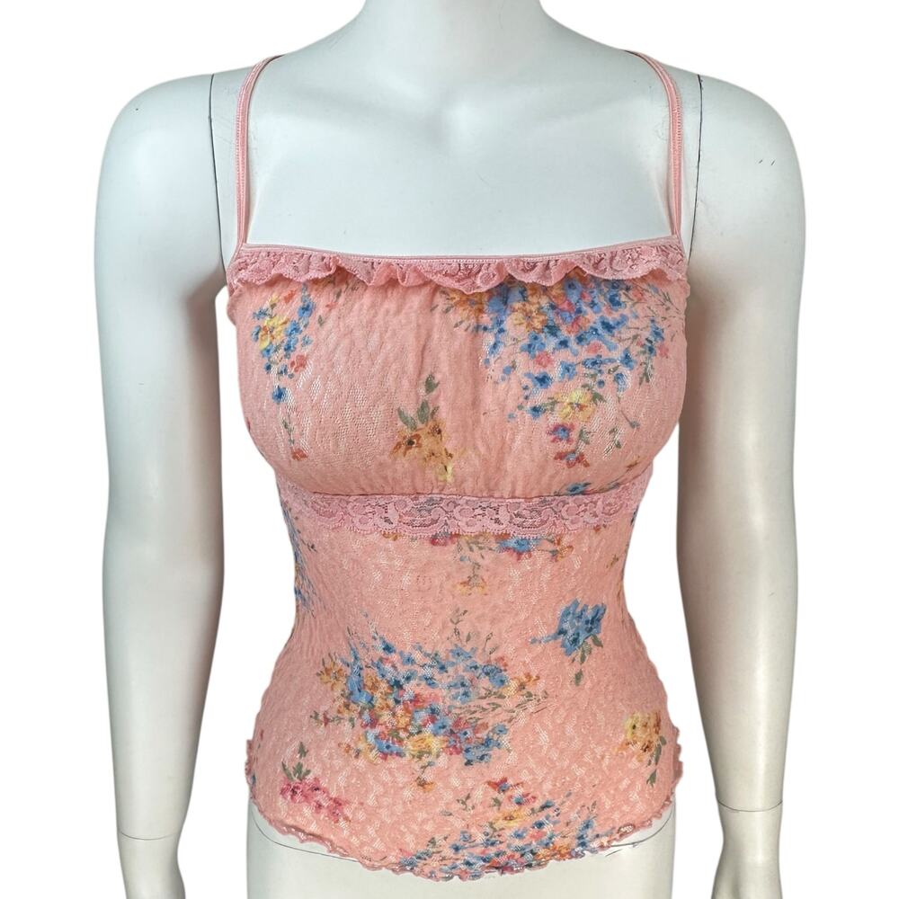 Vintage Y2K Sheer Lace Babydoll Top Camisole Womens Medium Floral Lettuce Hem